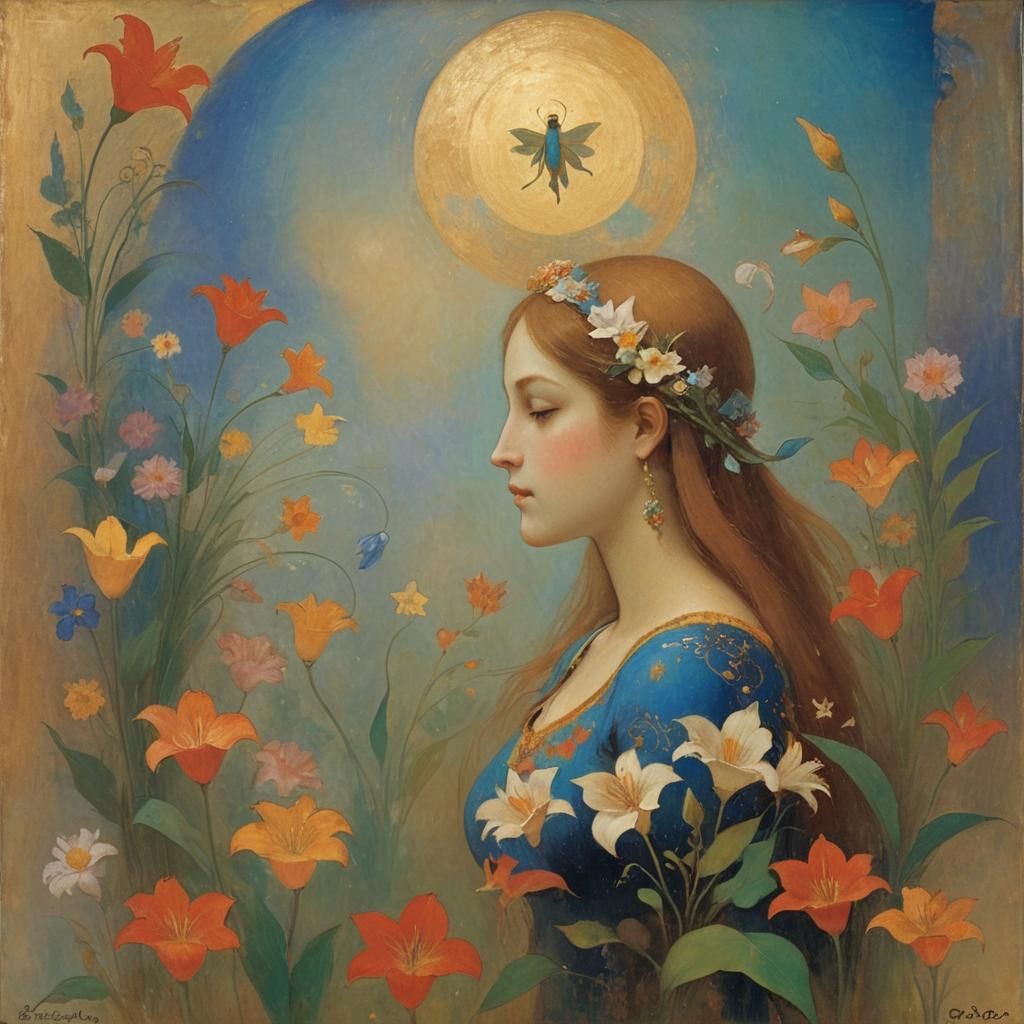 Dreaming Fairy and Lilies in French Symbolism Style