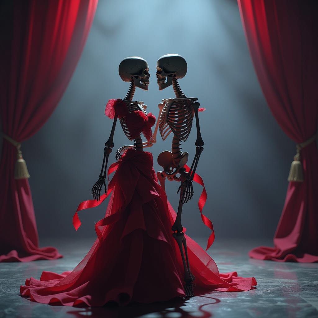 Two Skeletons Dance on Valentine's Day in Cinematic Style