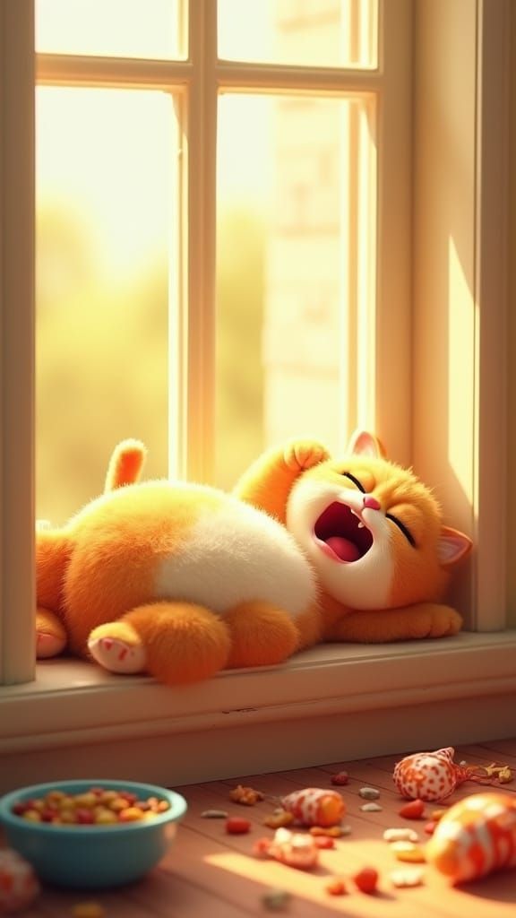 Cartoon Cat Yawning on Windowsill in Pixar Style