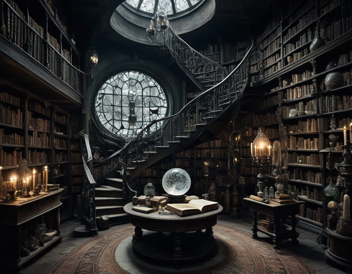 Whimsical Wizard's Lair with Spiral Staircase and Crystal Ba...