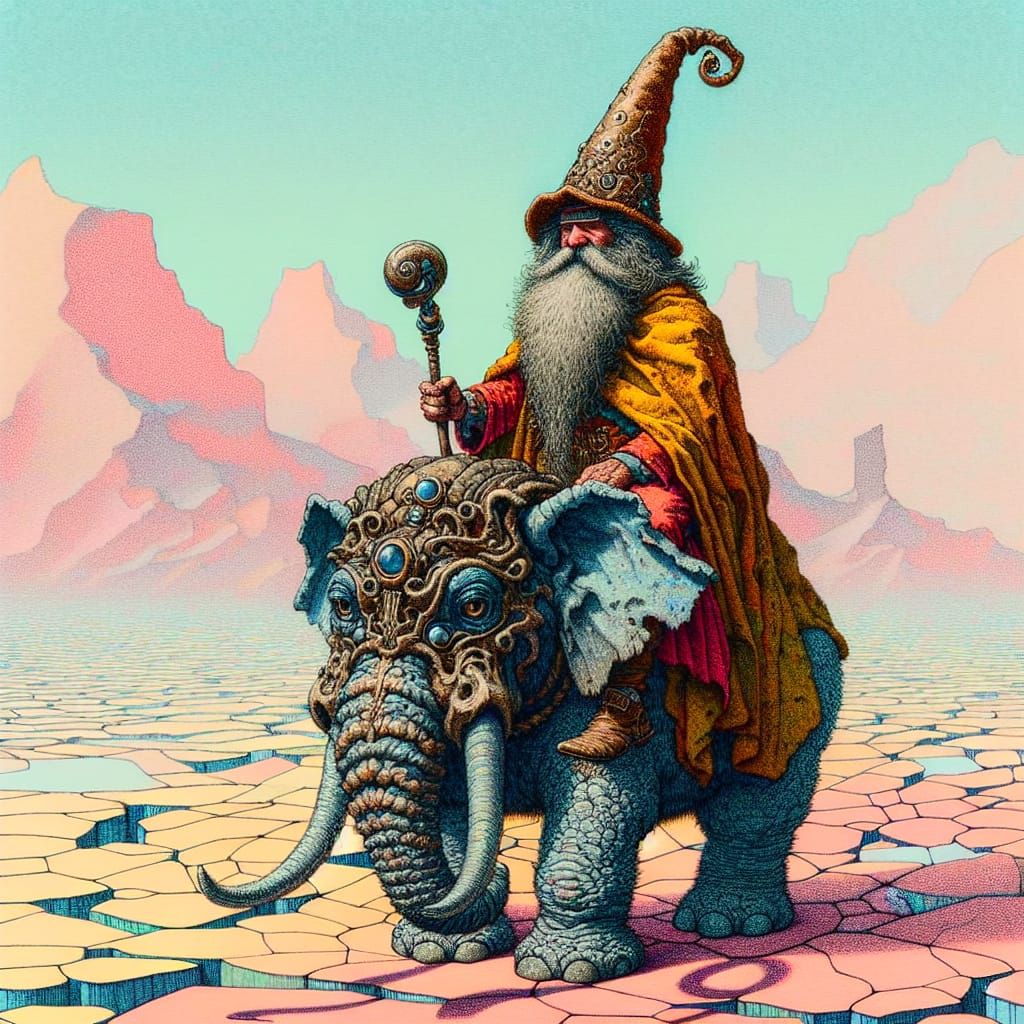Comically Arrogant Wizard Rides Exaggerated Elephant in Surr...