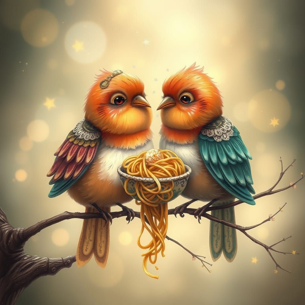 Whimsical Birds Share Spaghetti in Dreamy, Fantastical Scene