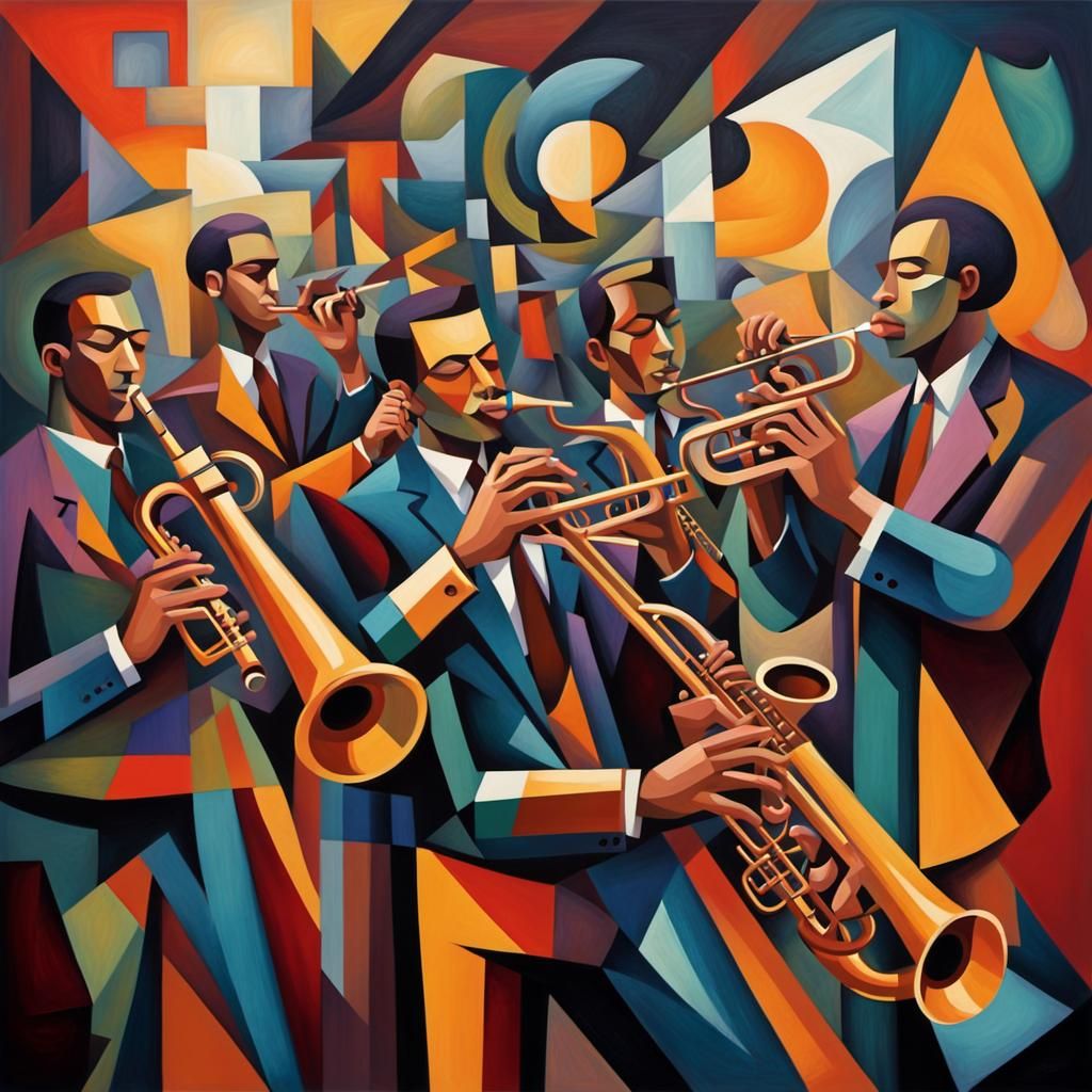 Cubist op art. wide shot. Jazz musicians playing trumpets and saxophones in a smoky club.
