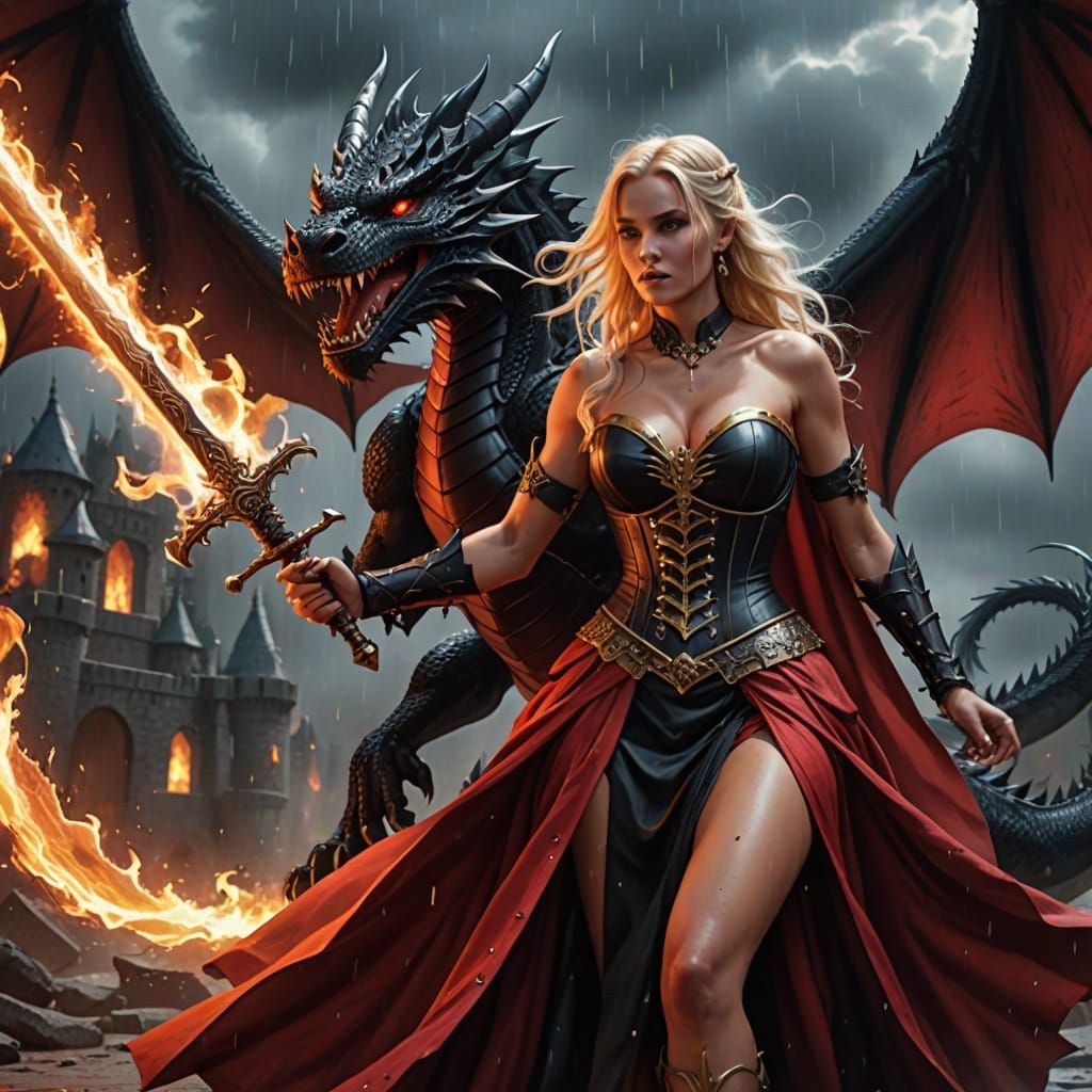 Sensual Princess Battles Fiery Dragon in Gothic Style