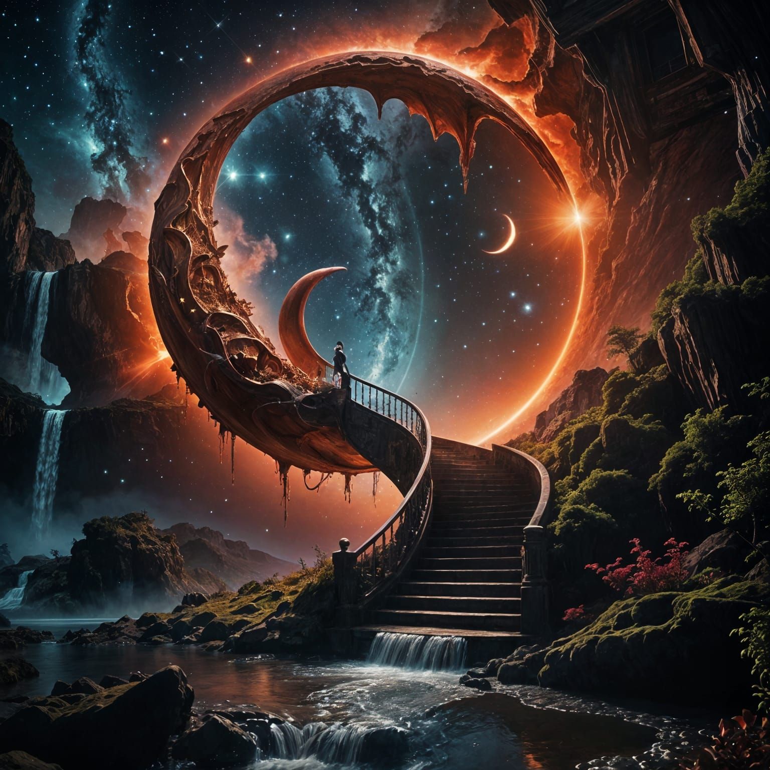 Whimsical Crimson Moon Portal to Paradise