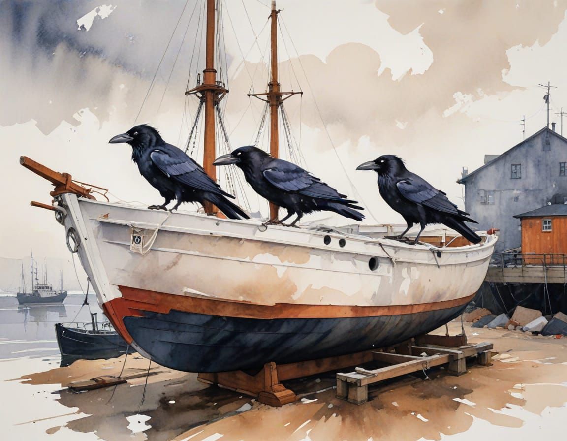 Ravens Nesting in Seaside Boatyard Watercolor
