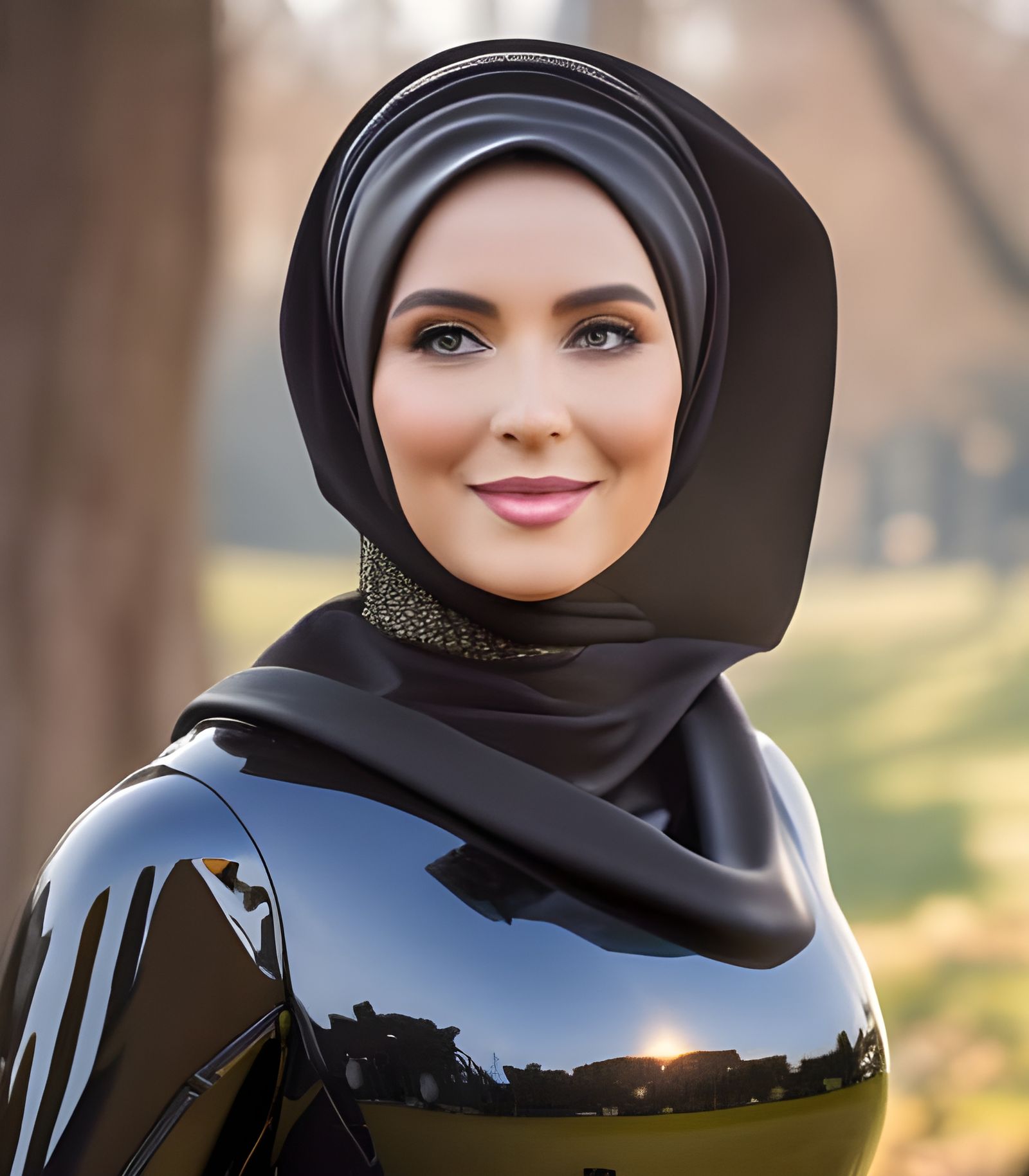 Elegant Woman in Hijab and Latex Dress