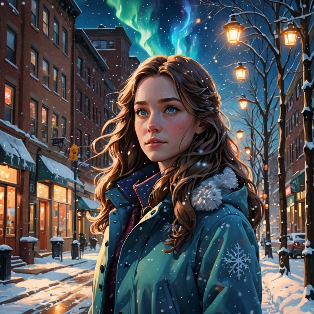 Anime Woman Walks Snowy Street with Aurora Sky