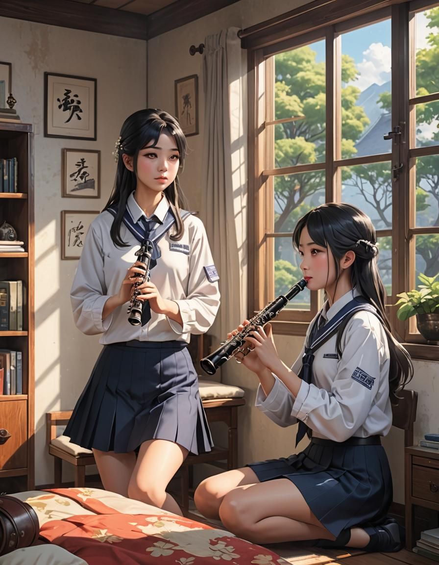 Japanese Schoolgirls Play Clarinets: 3D Anime Art