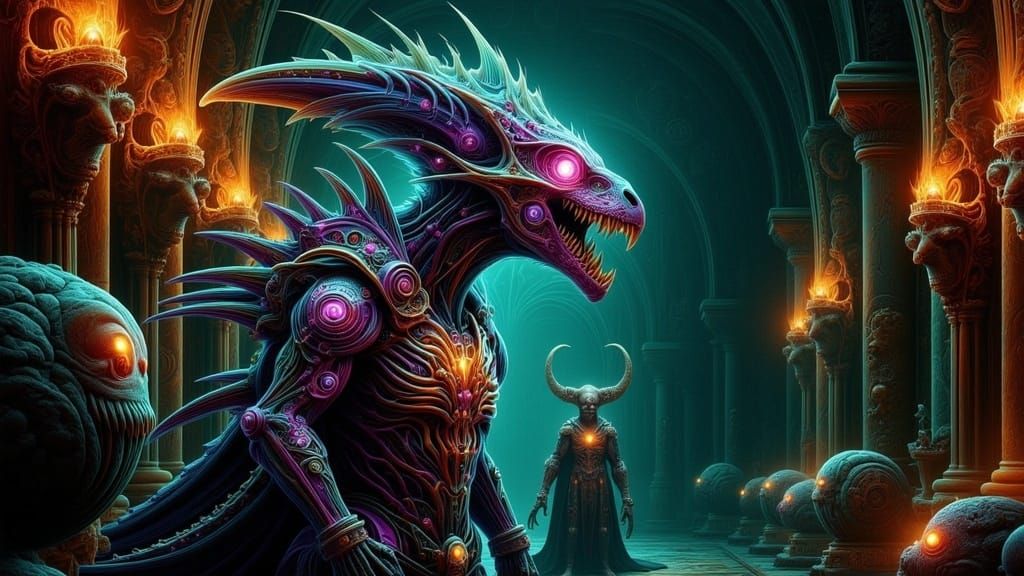 Alien Velociraptor Hunter in a Mystical Great Hall