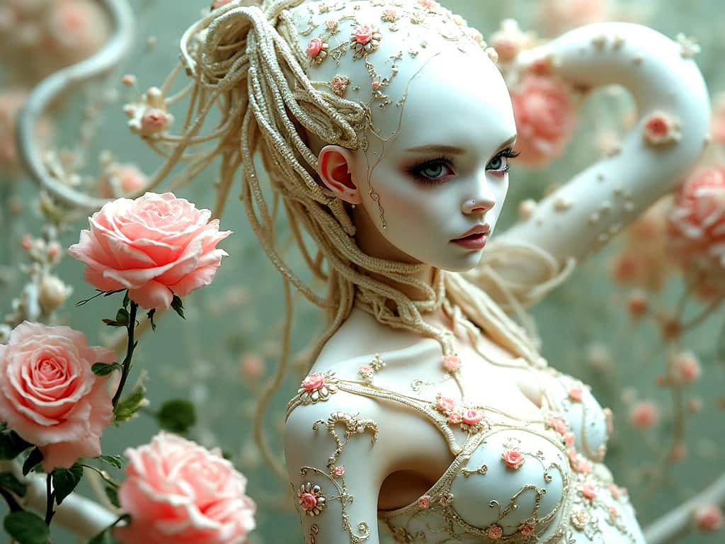 Cyberpunk Android Goddess in Whimsical Baroque Style