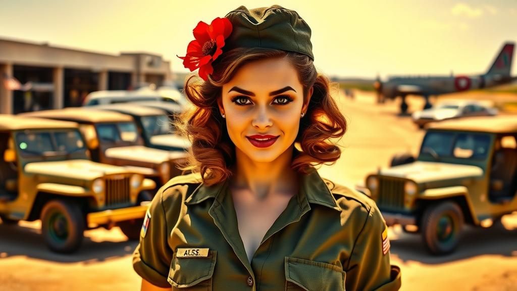 WWII Pin-Up Girl in Army Base, Soft Focus