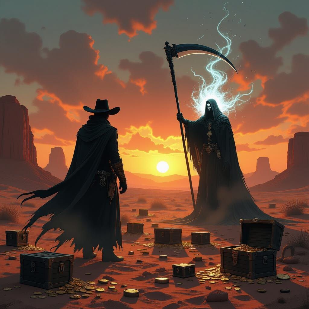 Cowboy Silhouette vs. Reaper at Desert Sunset in Gothic Styl...