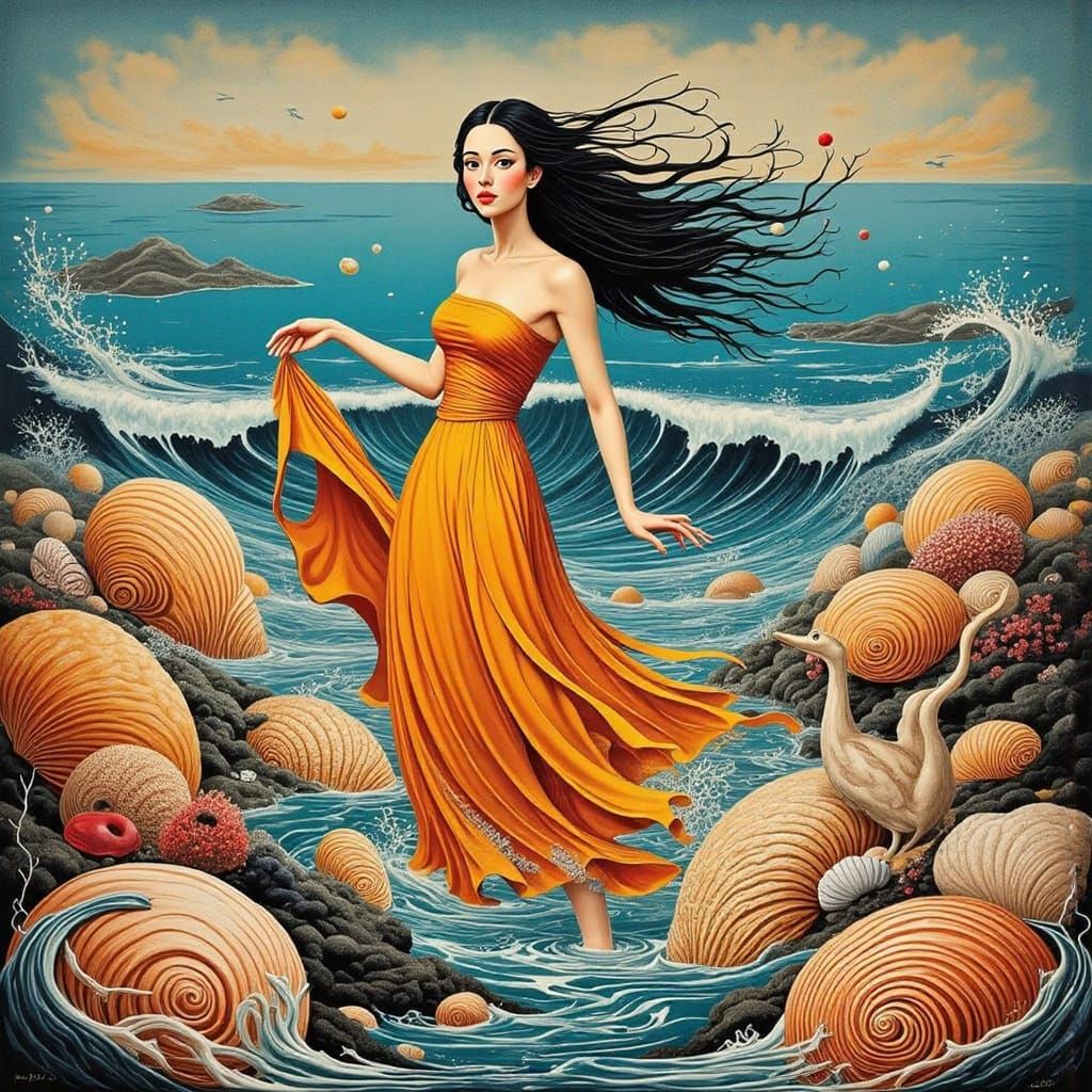 Vibrant Bauhaus Woman Surrounded by Seashells