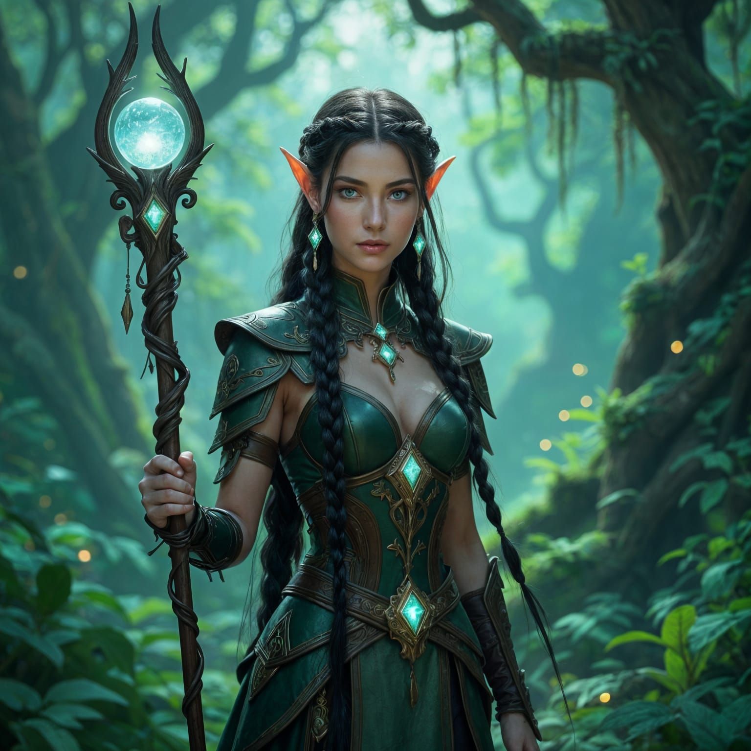 Elven Woman in Mystical Forest, Art Nouveau Style