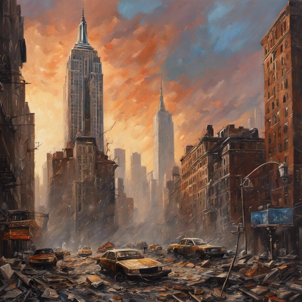 Apocalyptic Oil Painting of Ruined New York City