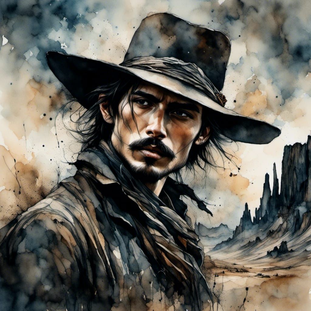 Handsome Cowboy in Stark Desert Landscape with Vintage Style