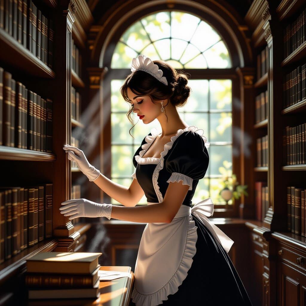 Stunning Maid Dusting Bookshelf in Grand Library