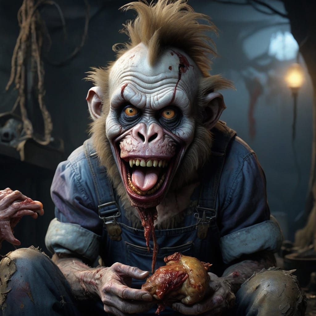 Grotesque Zombie Monkey Monster Clown in Hyperrealistic Spla...