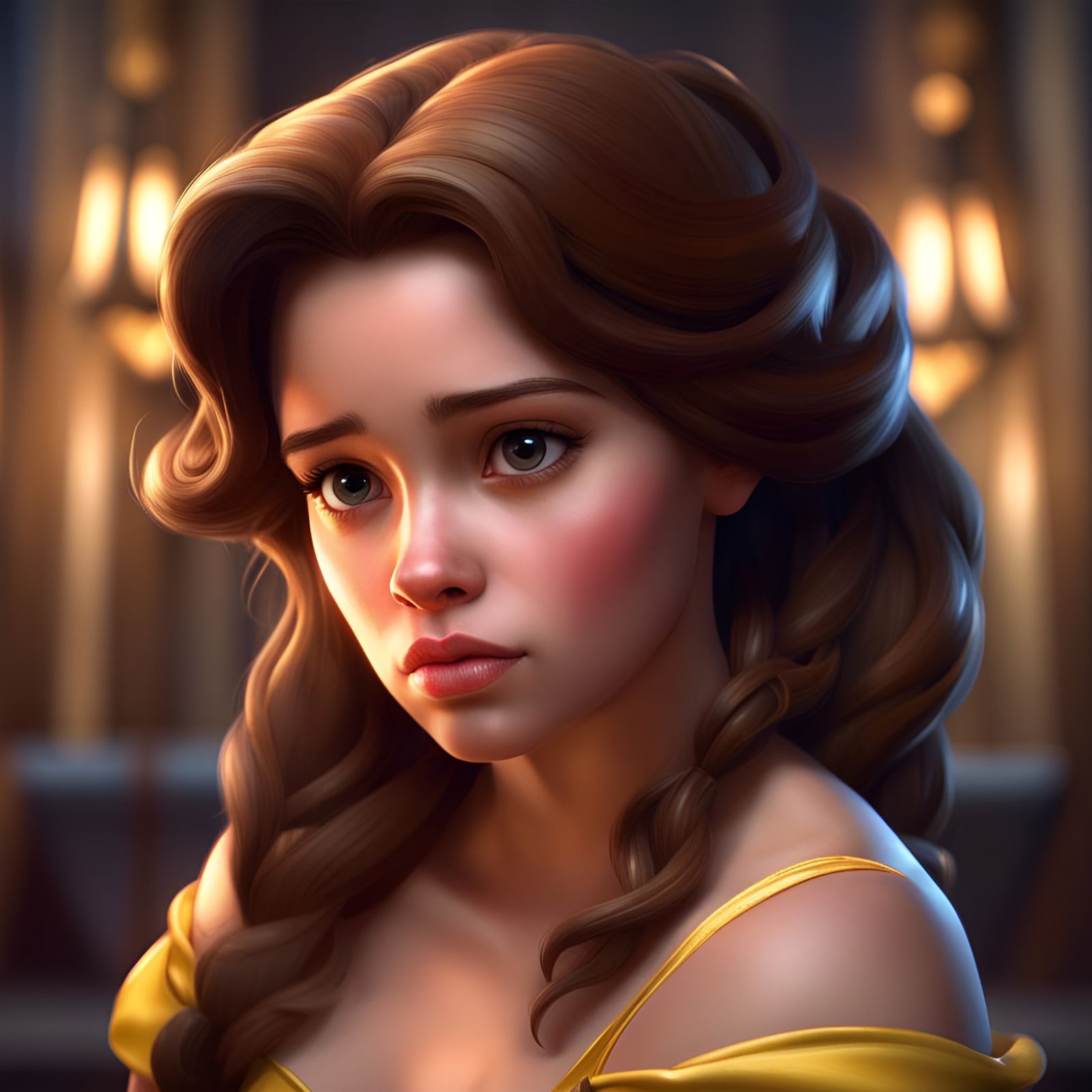Sad Princess Belle: 3D Pixar-Inspired Art