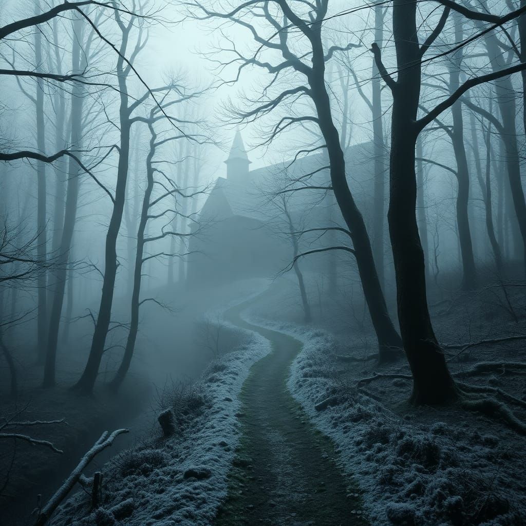 Mystical Monastery in Eerie Forest: Gothic Landscape