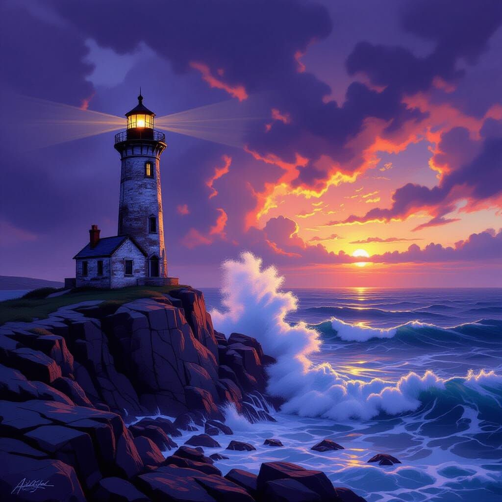 Weathered Lighthouse on Stormy Cliff as Oil Painting