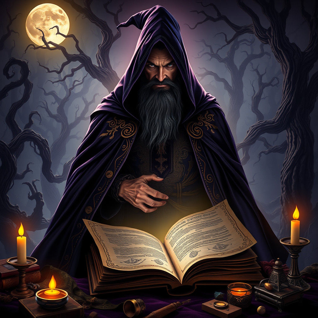 Dark Wizard in Mystical Forest, Dark Fantasy Art