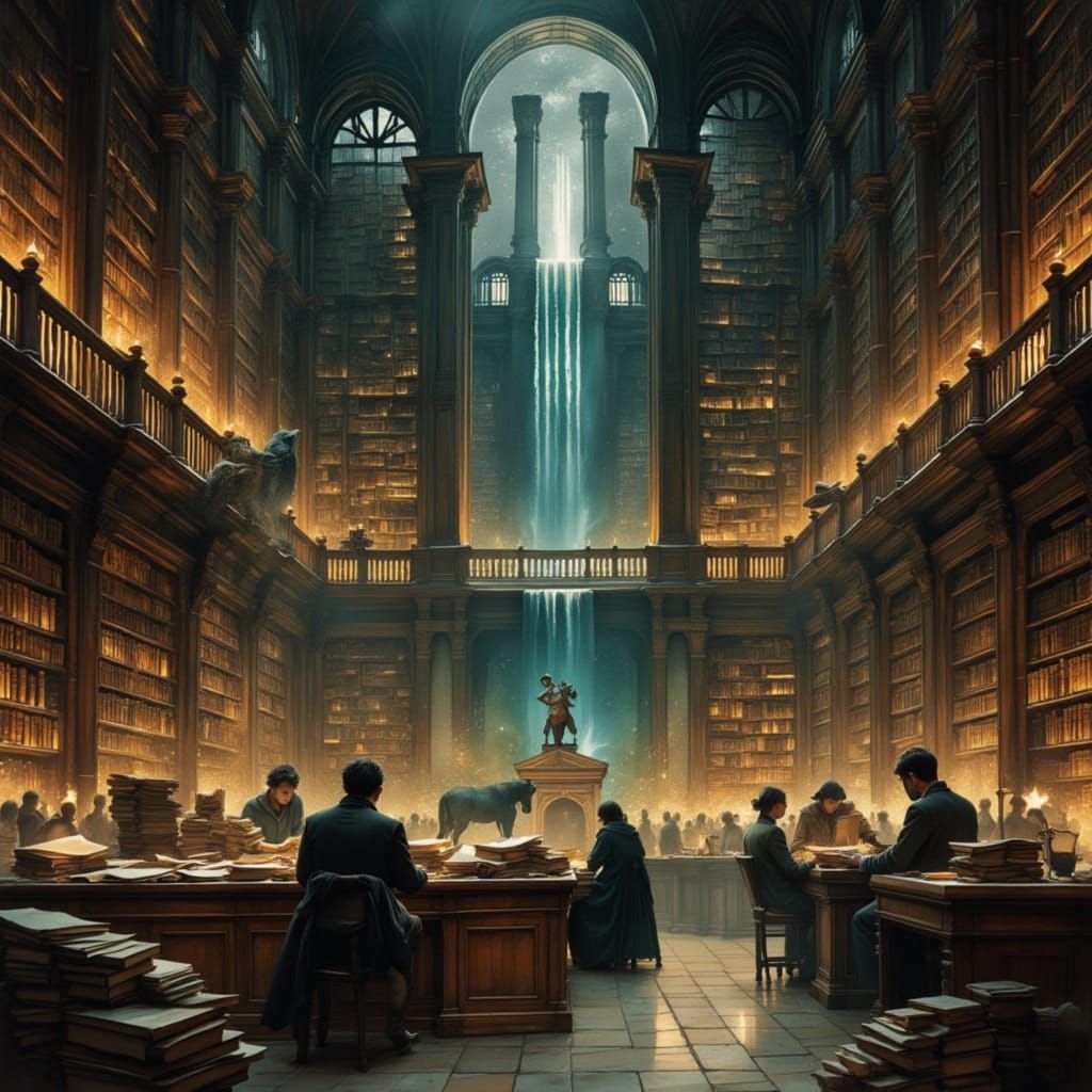 Grand Library with Waterfall in Atmospheric Lighting