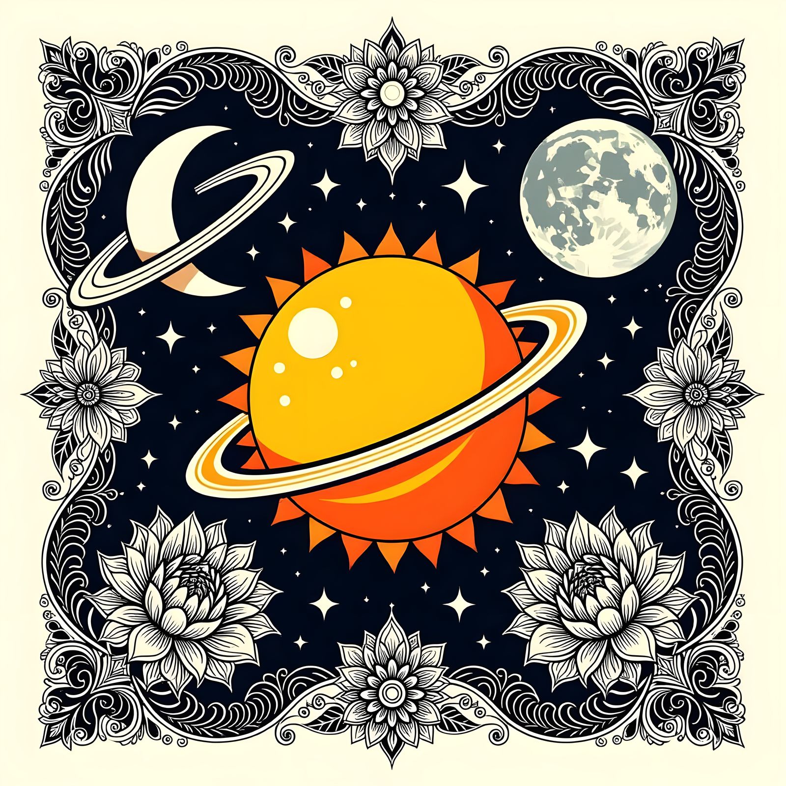 Geometric Celestial Sun, Moon and Planets Tribal Art