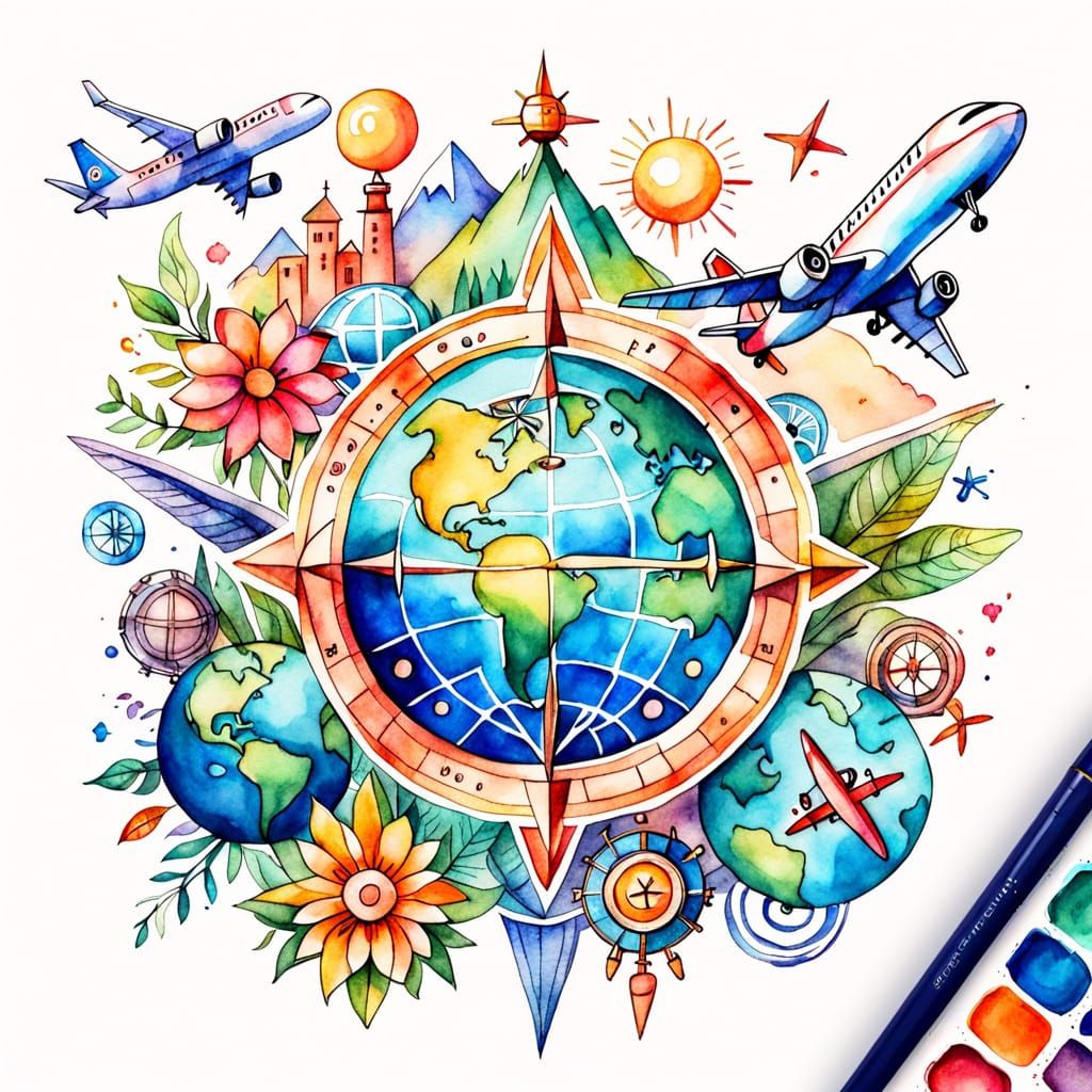 Whimsical Watercolor Travel Symbols Set