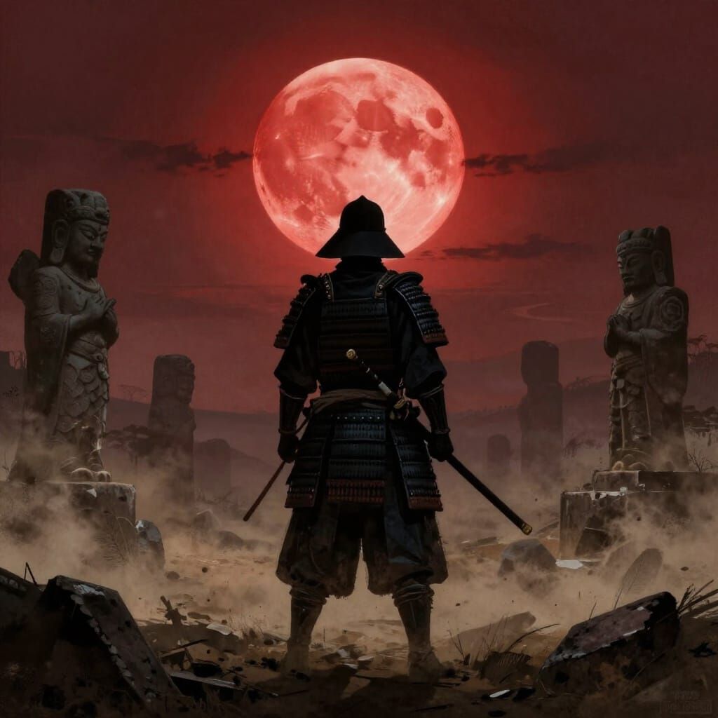 Samurai Warrior Under Blood Moon on Desolate Battlefield