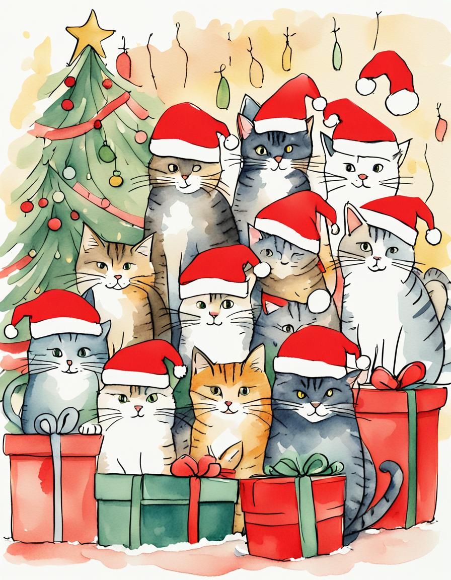 Playful Christmas Cats in Whimsical Watercolor Illustrations