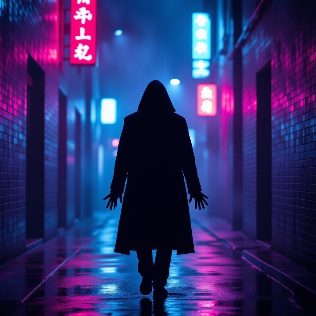 Neon Alley Figure in Noir Cyberpunk Style