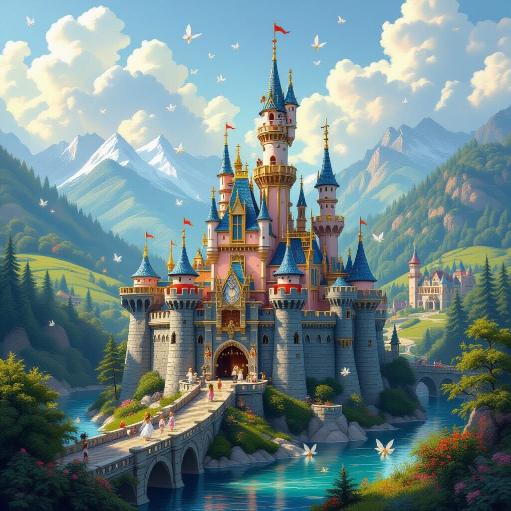Fairytale Castle with Fairies in Vibrant Landscape