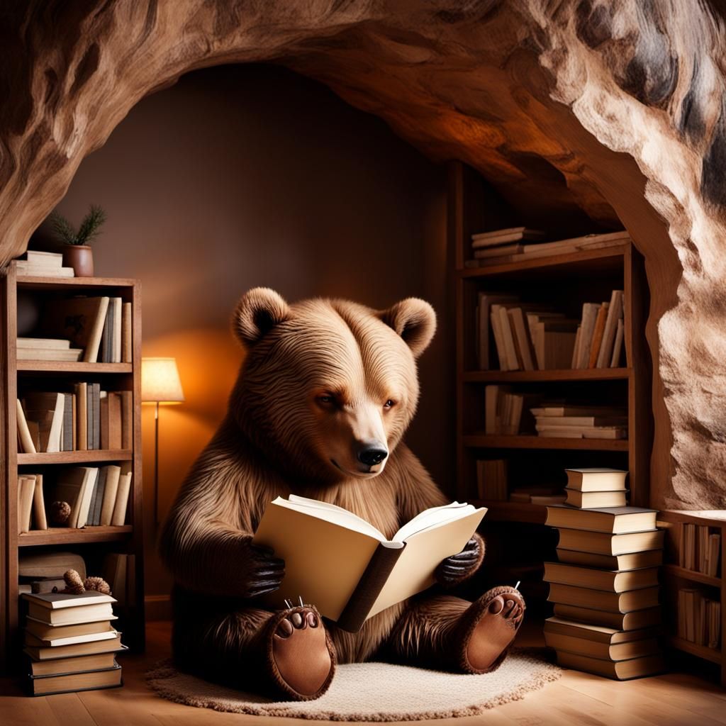 bear reading a book Cave Home Sweet Home Cozy home