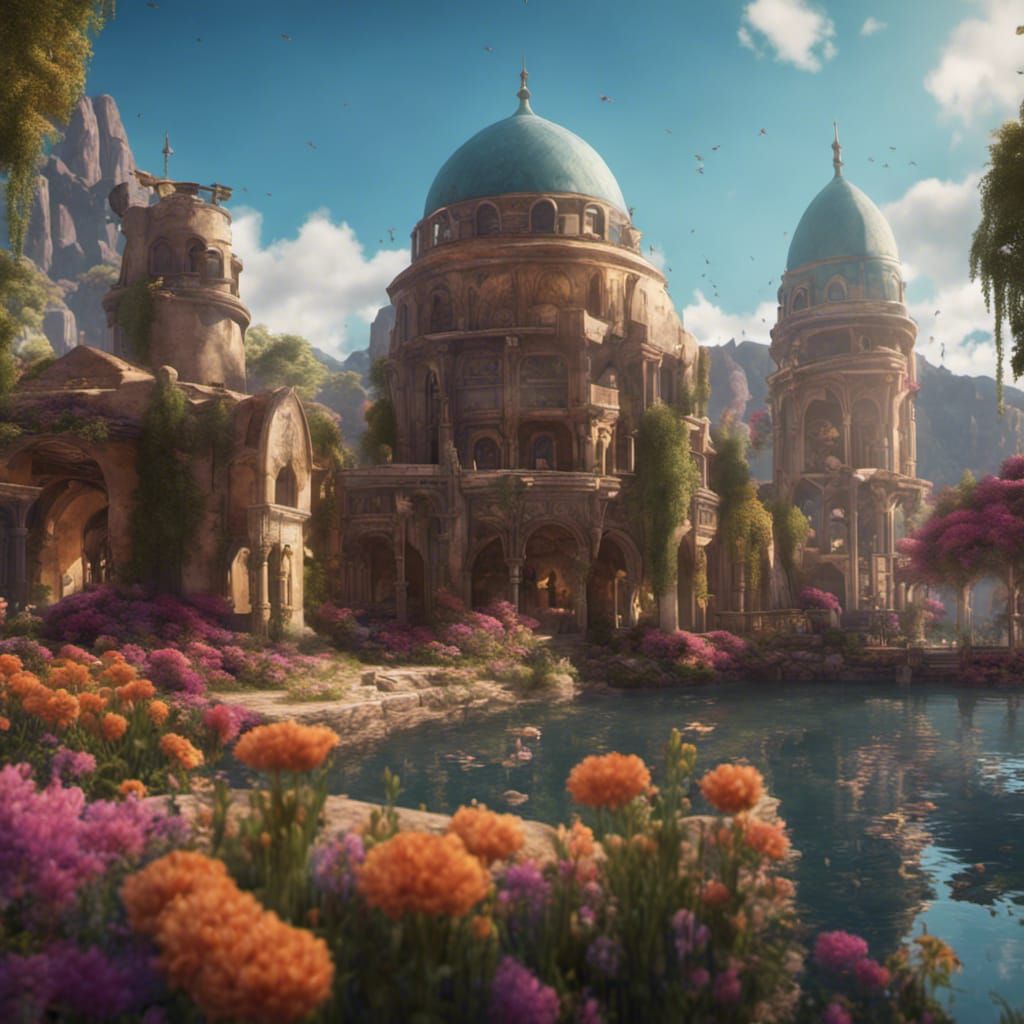 Arabian Town with Lake and Flowers: Fantasy Art