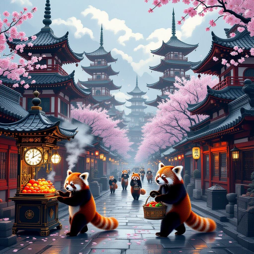 Red Panda Cityscape: Steampunk Pagodas & Cherry Blossoms