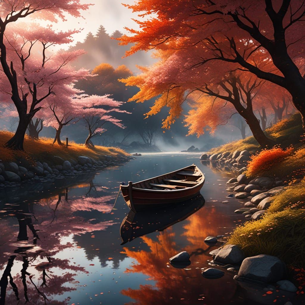 Autumn Sakura Blooms Amid War-Torn Landscape in Vibrant Wate...