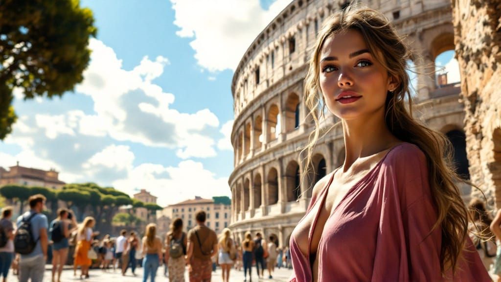 Woman Poses Before the Colosseum on Sunny Day