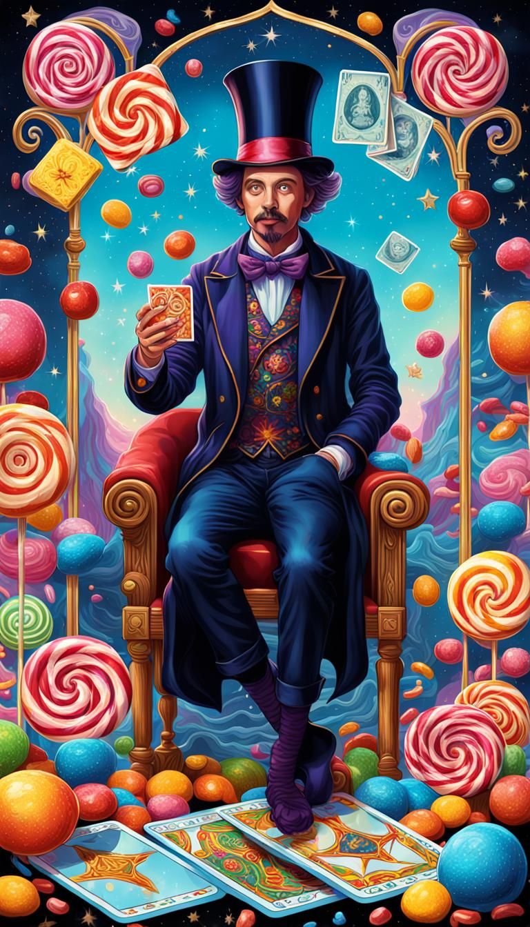 Candy-Themed Magician Tarot Card in Digital Illustration