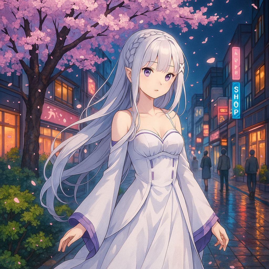 Emilia in Neon City under Sakura Tree, Anime Style