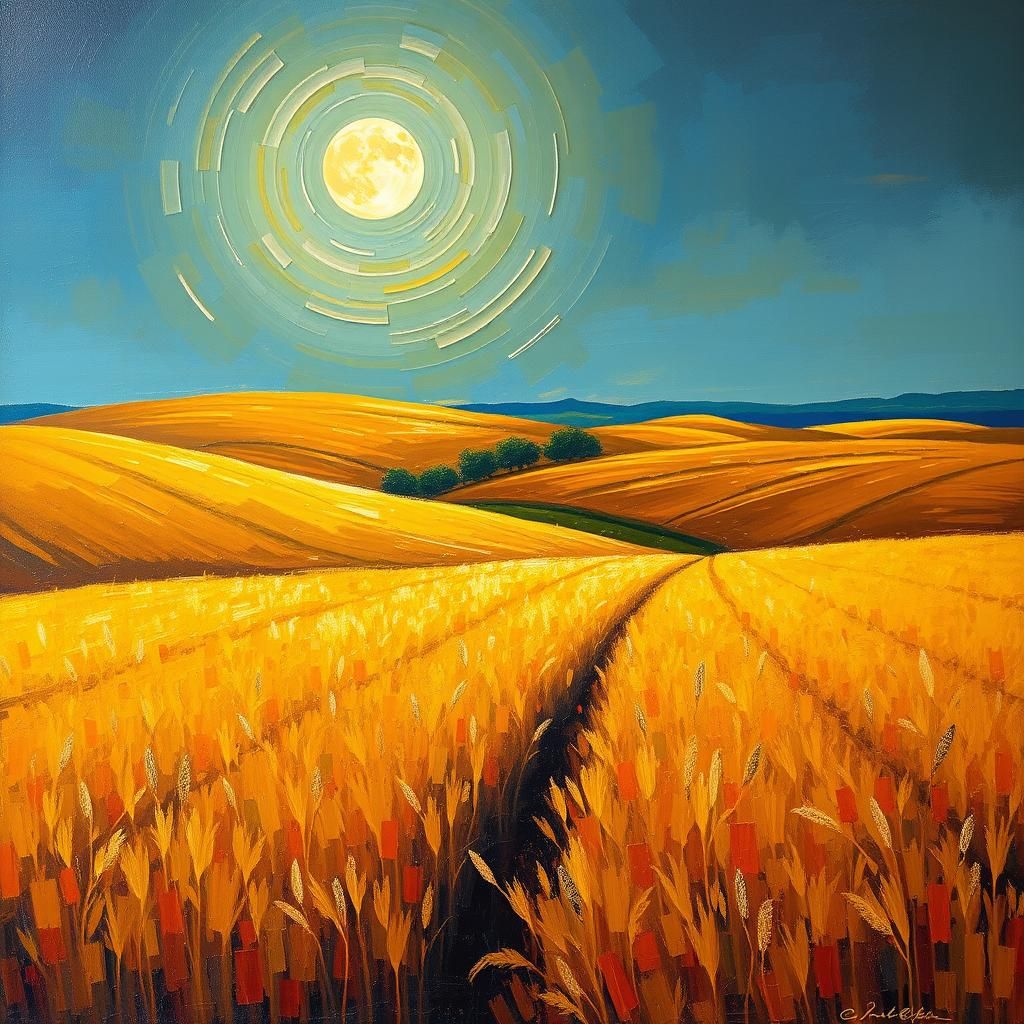 Golden Farmland Under Harvest Moon: Neo-Impressionist Painti...