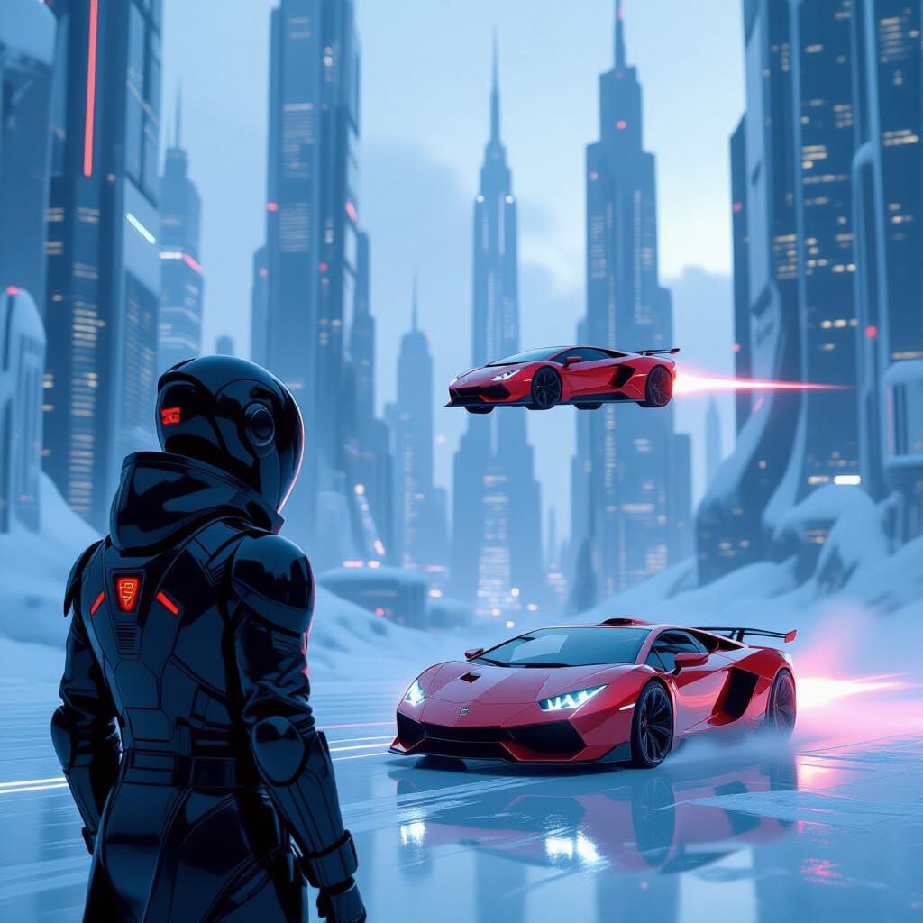 Icy Cyberpunk Cityscape with Robot and Flying Car