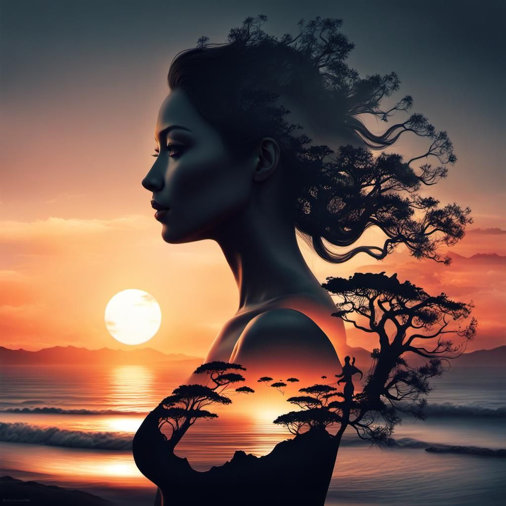 Goddess Silhouette Merged with Sunset Coast: Double Exposure