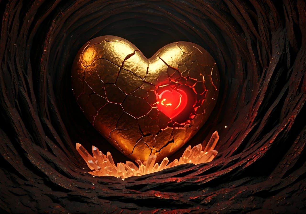 Cracked Golden Heart Reveals Glowing Core in Cavern