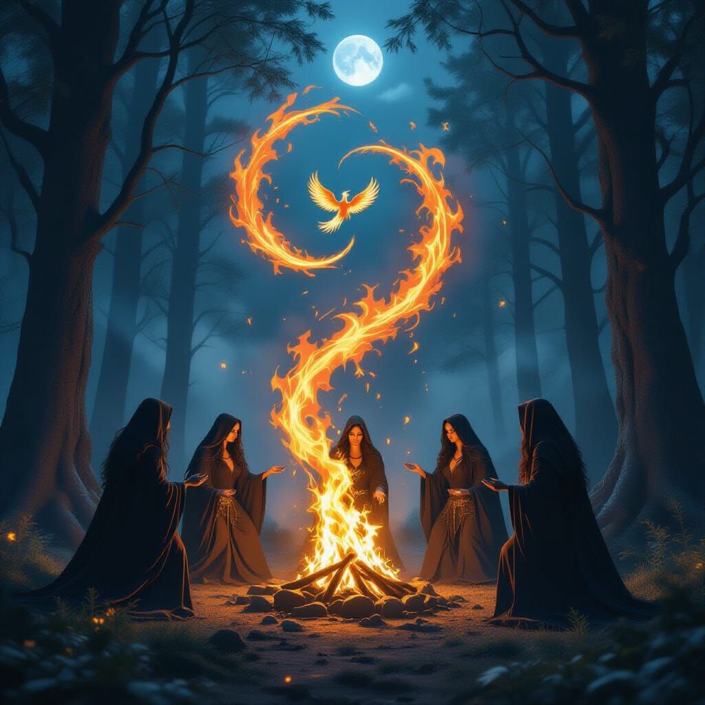 Witches Fire Ritual in Moonlit Forest