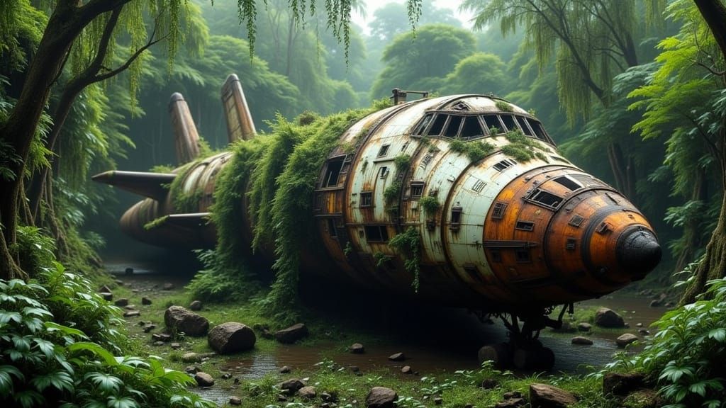 Abandoned Sci-Fi Shuttle Amidst Jungle Ruins