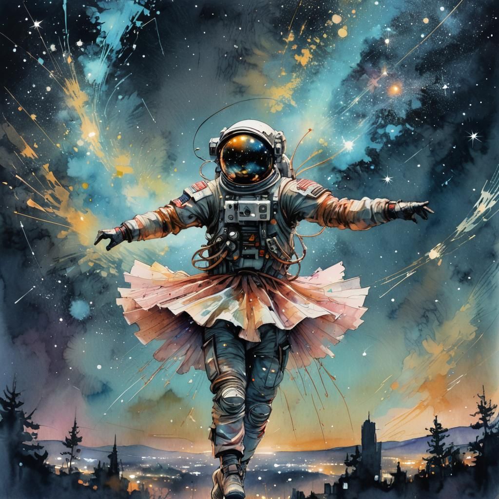 Astronaut Ballerina Dancing Under Stars in Watercolor