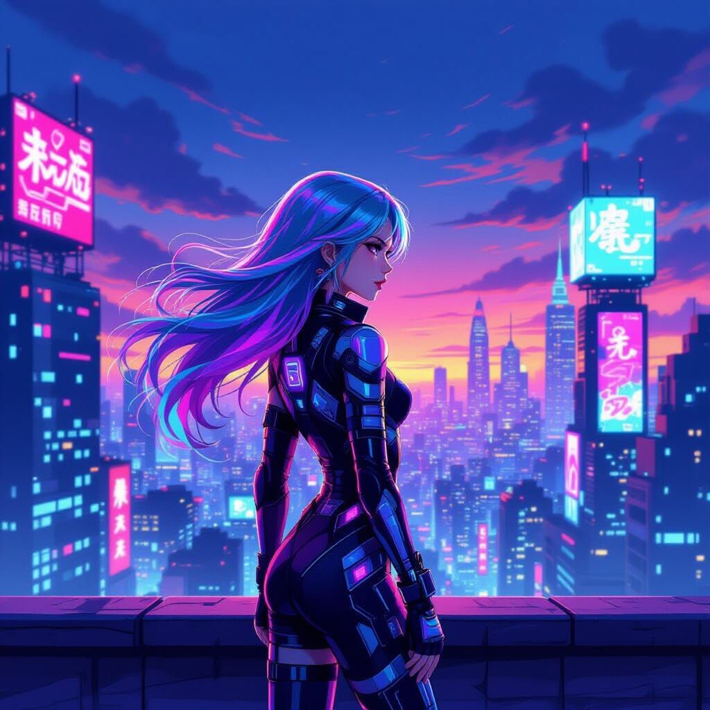 Cyberpunk Woman on Rooftop Overlooking Neon City at Dusk