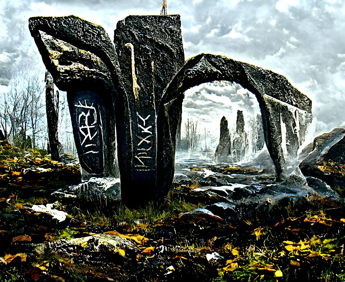 Sinister Ancient Ruins Painting with Norse Runes